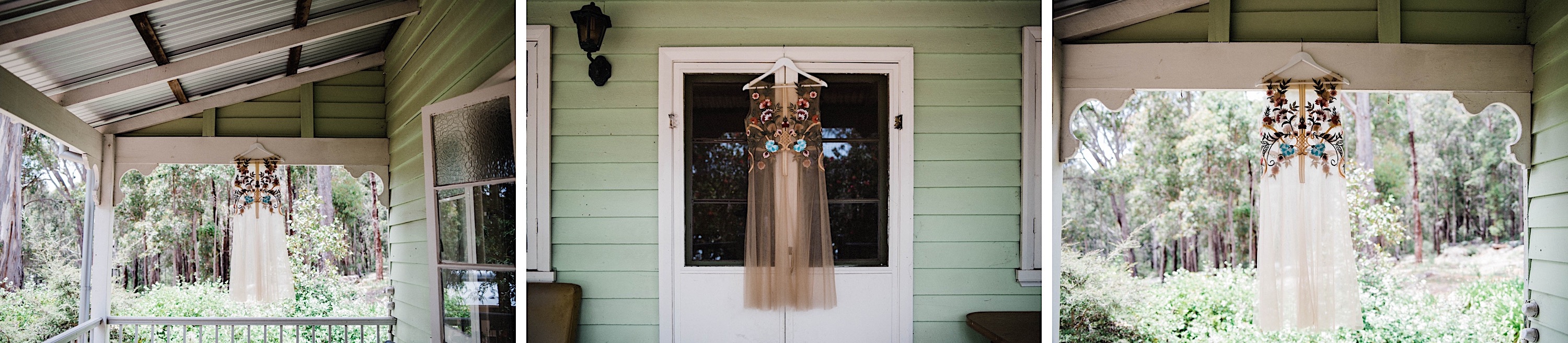 Three photos of a custom Harriette Gordon wedding dress with embroidery hanging against green backgrounds.
