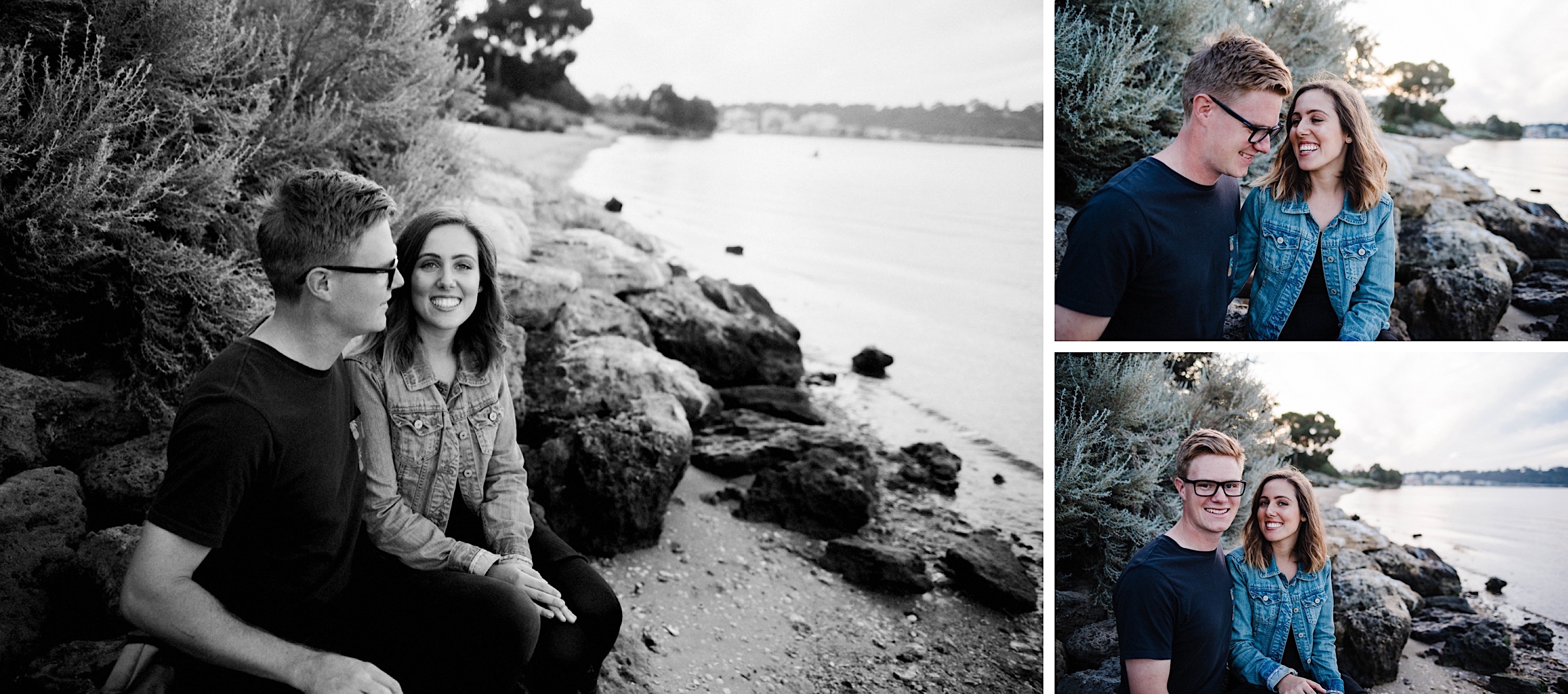 Three portrait photos of a couple sitting along the edge of the Swan River at Sunset. 