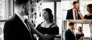 Documentary photography of the Groom's Mum helping him with his buttonhole.