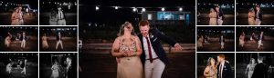A collage of the bride & groom laughing and dancing together at their Donnelly River Wedding Reception.