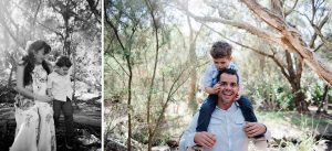 Two photos taken by a Lifestyle Family Photographer of a little boy, one sitting next to his Mum, the other as he sits on his Dad's shoulders.