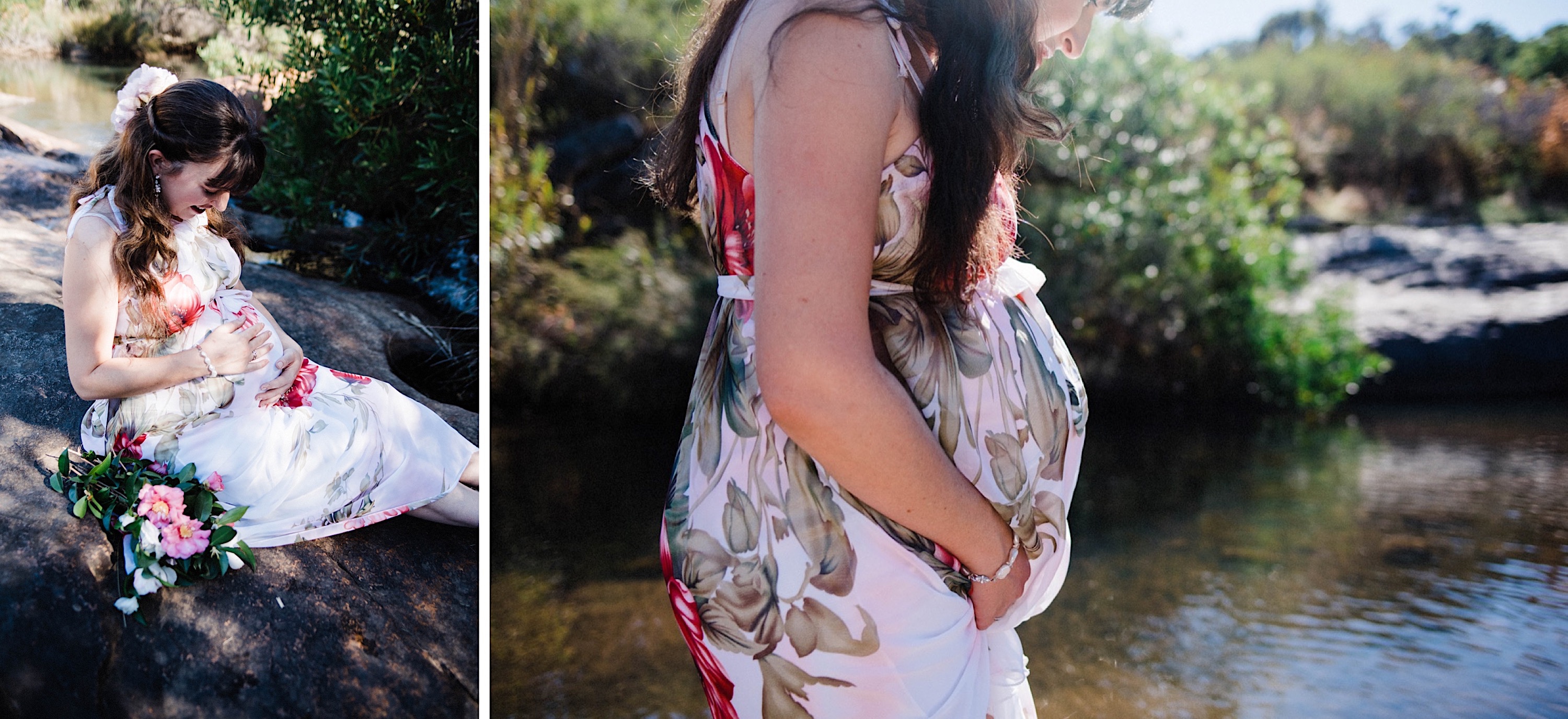 A candid maternity photo of a young Mum holding her bump by a creek in Roleystone.