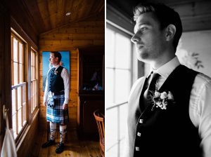 Two portraits of the groom dressed & ready for his wedding day in traditional Scottish clothing.