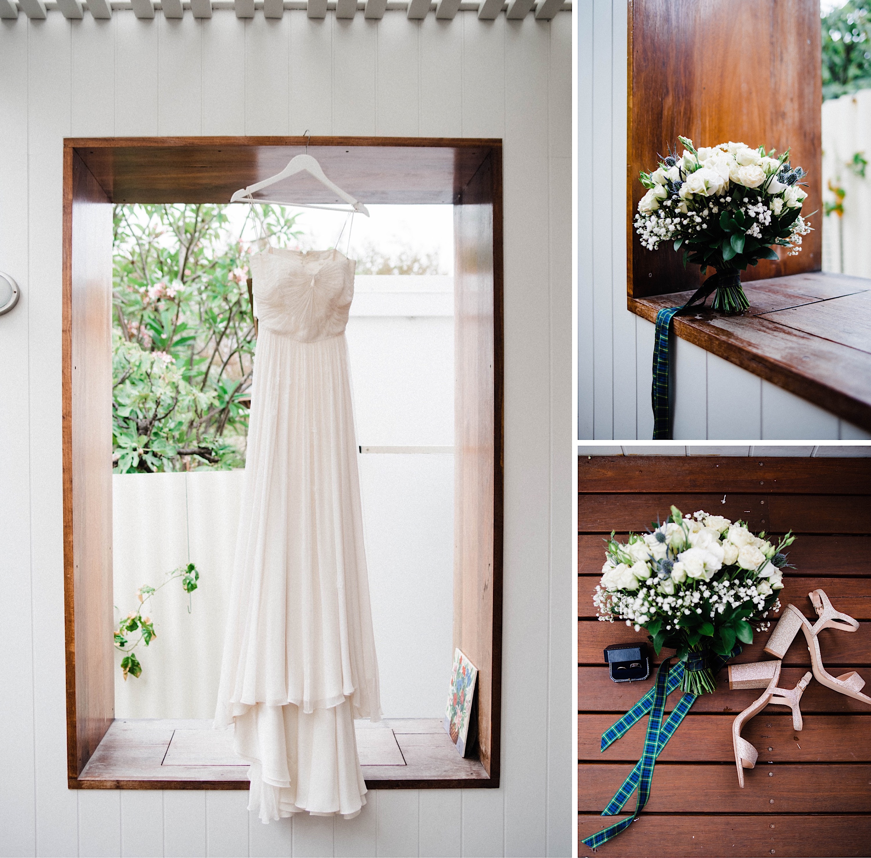 A collage of images from a Sustainable Backyard Wedding, featuring a second hand Jenny Packham dress hanging outside, the bridal bouquet and the bride's shoes.