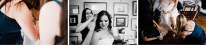 Three candid wedding bridal preparation portraits. From Left to Right, bridesmaid's do up the bride's buttons, a bridesmaid helps put in the bride's veil and the bridesmaid's helping the bride to do her shoes.