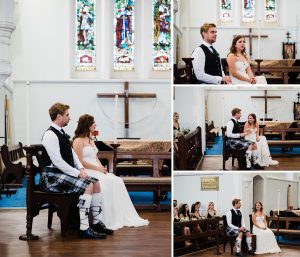 Four documentary wedding photos of the bride & groom sitting together at the front of the wedding ceremony at St John's Anglican Church.