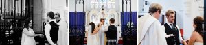 Three documentary wedding images of the bride & groom smiling at each other during the joining of the couple in a Wedding Ceremony at St John's Anglican Church, Fremantle.