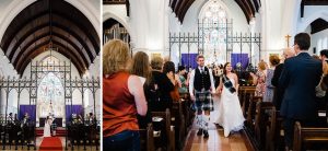 Documentary wedding photography of the bride & groom walking back down the aisle after their Wedding Ceremony at St John's Anglican Church.