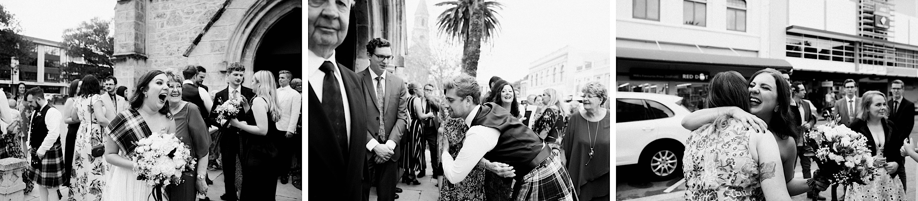 Three black & white Candid Wedding Portraits of guests congratulating the Bride & Groom after their Wedding Ceremony at St John's Anglican Church.