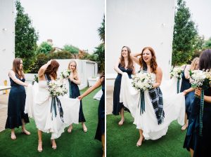 Two portrait photos of the bride laughing and walking at her Sustainable Backyard Wedding.