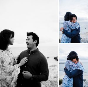 Three photos put together - one is black & white, the other is colour, and all of them are engagement photographs of a couple laughing, smiling and hugging.