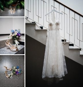 A collage of the Bride's details and dress before her Sestri Levante Wedding, including her Flora Bridal Gown hanging from a stairwell, gold Jimmy Choo shoes and a small bouquet.