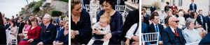 Three Candid Destination Wedding Photos of guests at a Wedding Ceremony in Sestri Levante, featuring the parents of the Bride & Groom and their ring bearer.