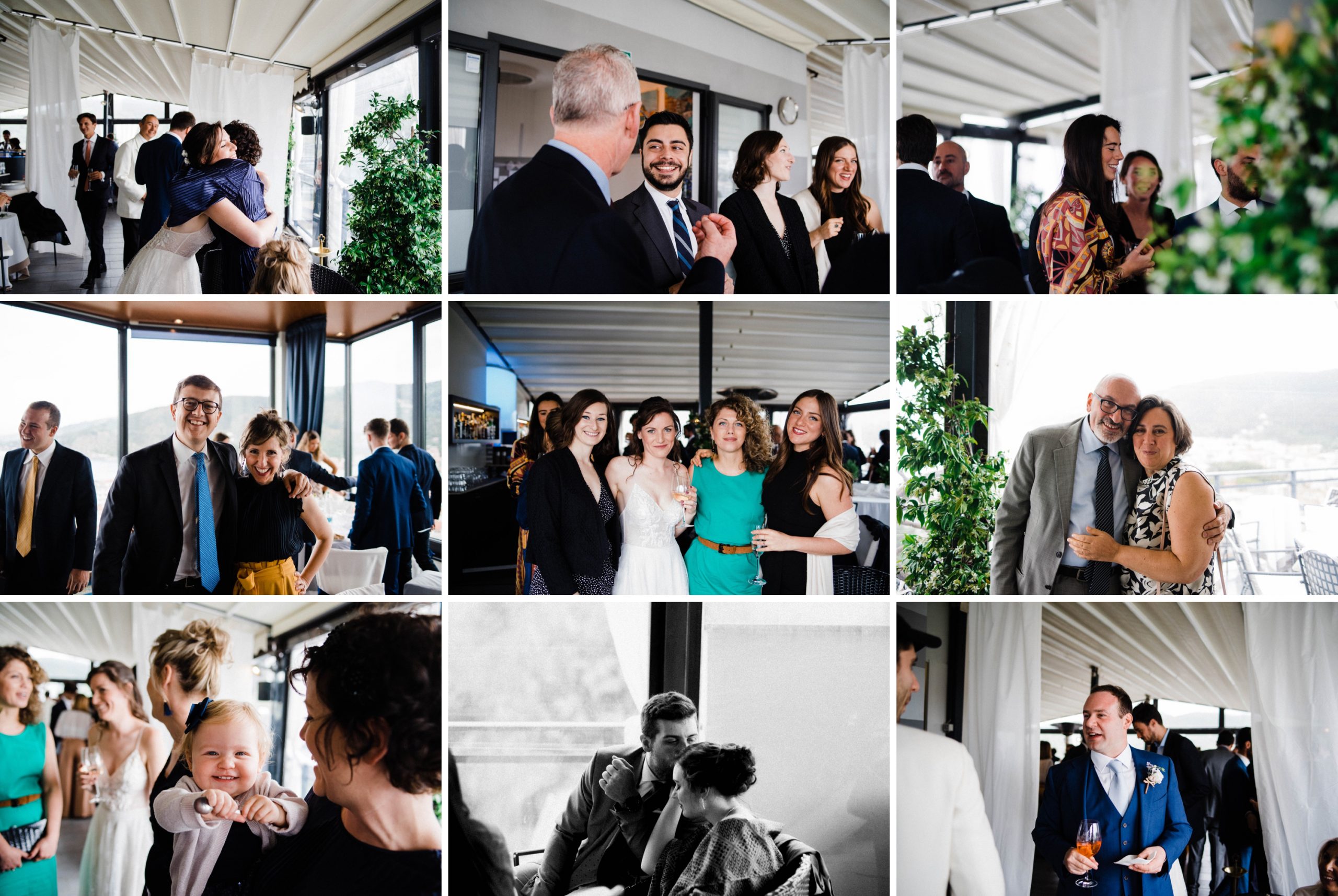 A collage of Candid Wedding Photos of guests taken at a Destination Wedding Reception at the Hotel Vis À Vis, Sestri Levante.