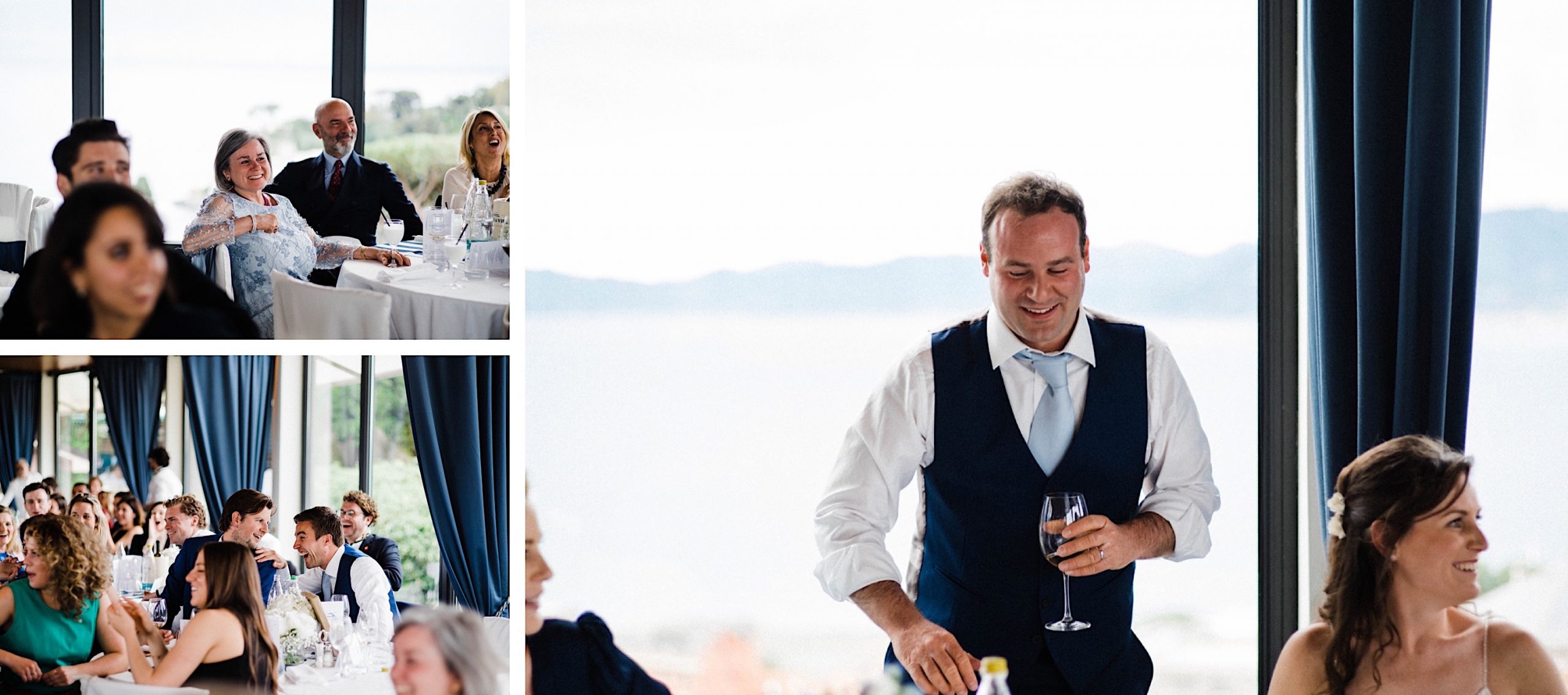 Candid wedding photography of the Groom laughing during his speech and candid photos of guests reactions.