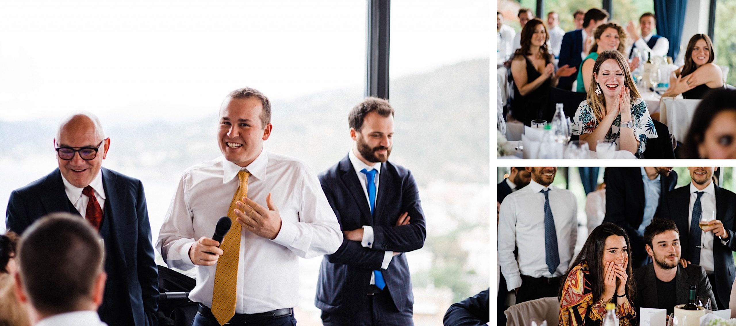 Candid Wedding Photography of guests reactions to the Best Man's Speech during a Sestri Levante Wedding and of the Best Man.