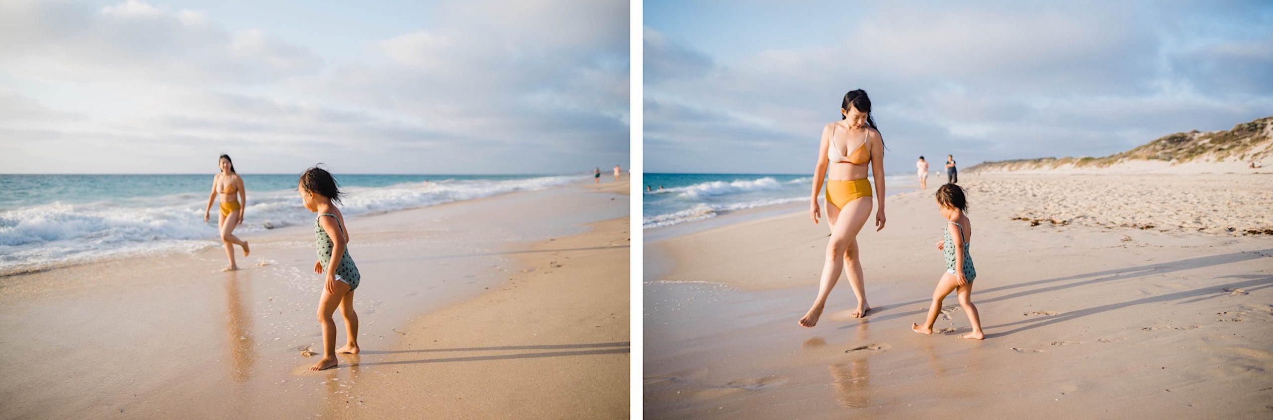 Two photos side-by-side of a little girl running along behind her Mum, after having a swim, at the beach.