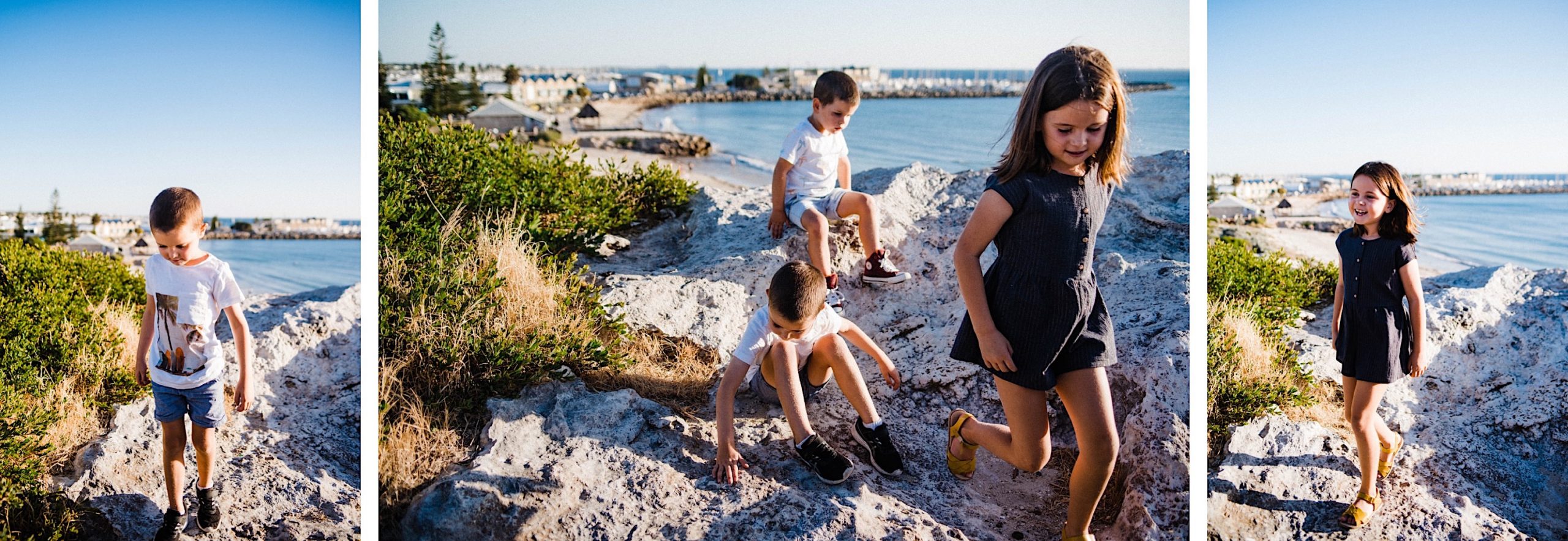 Candid family photos of three siblings playing on rocky outcrops looking over Bathers Beach, Fremantle.