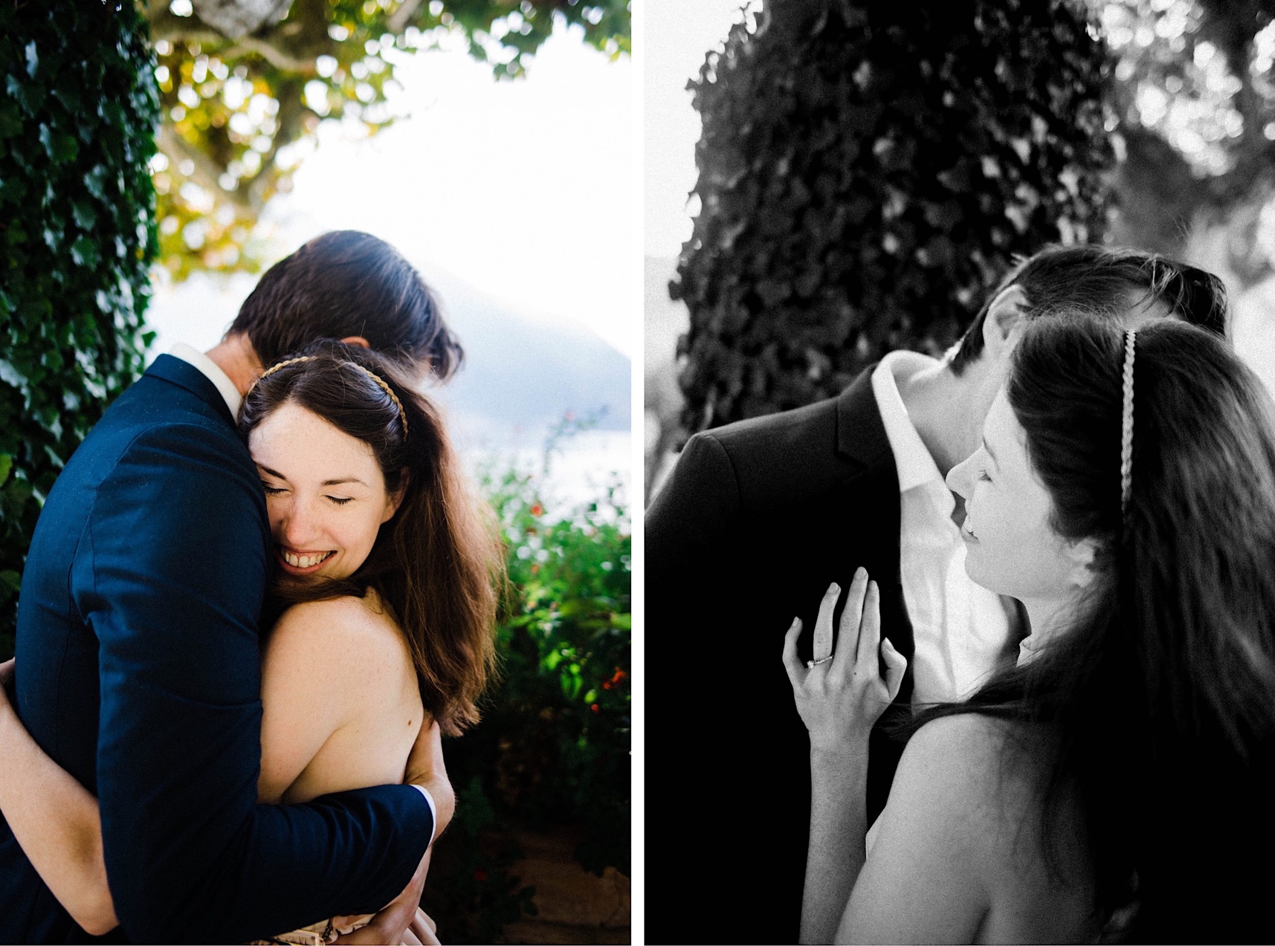 Two side-by-side portrait photos, one colour, another black & white, of a couple hugging and cuddling.