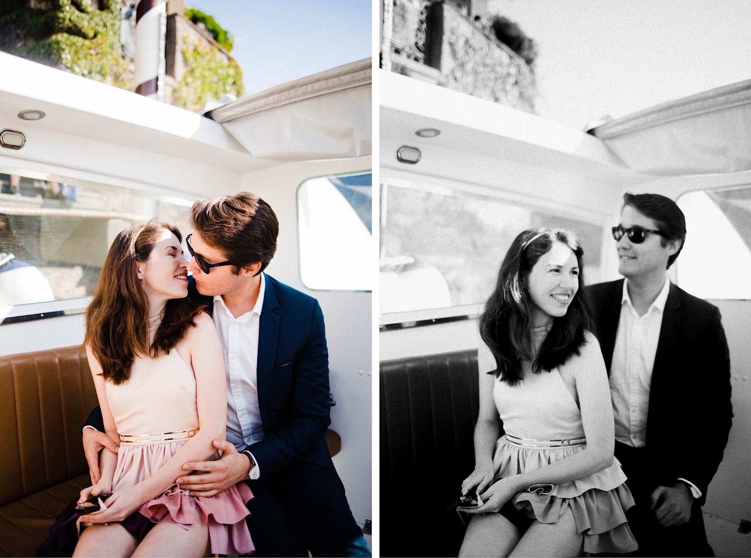 Two photos, side by side, of a couple sitting in a boat going from Lenno to Villa Balbianello in Lake Como. They're cuddling each other, and they're both dressed semi-formally.