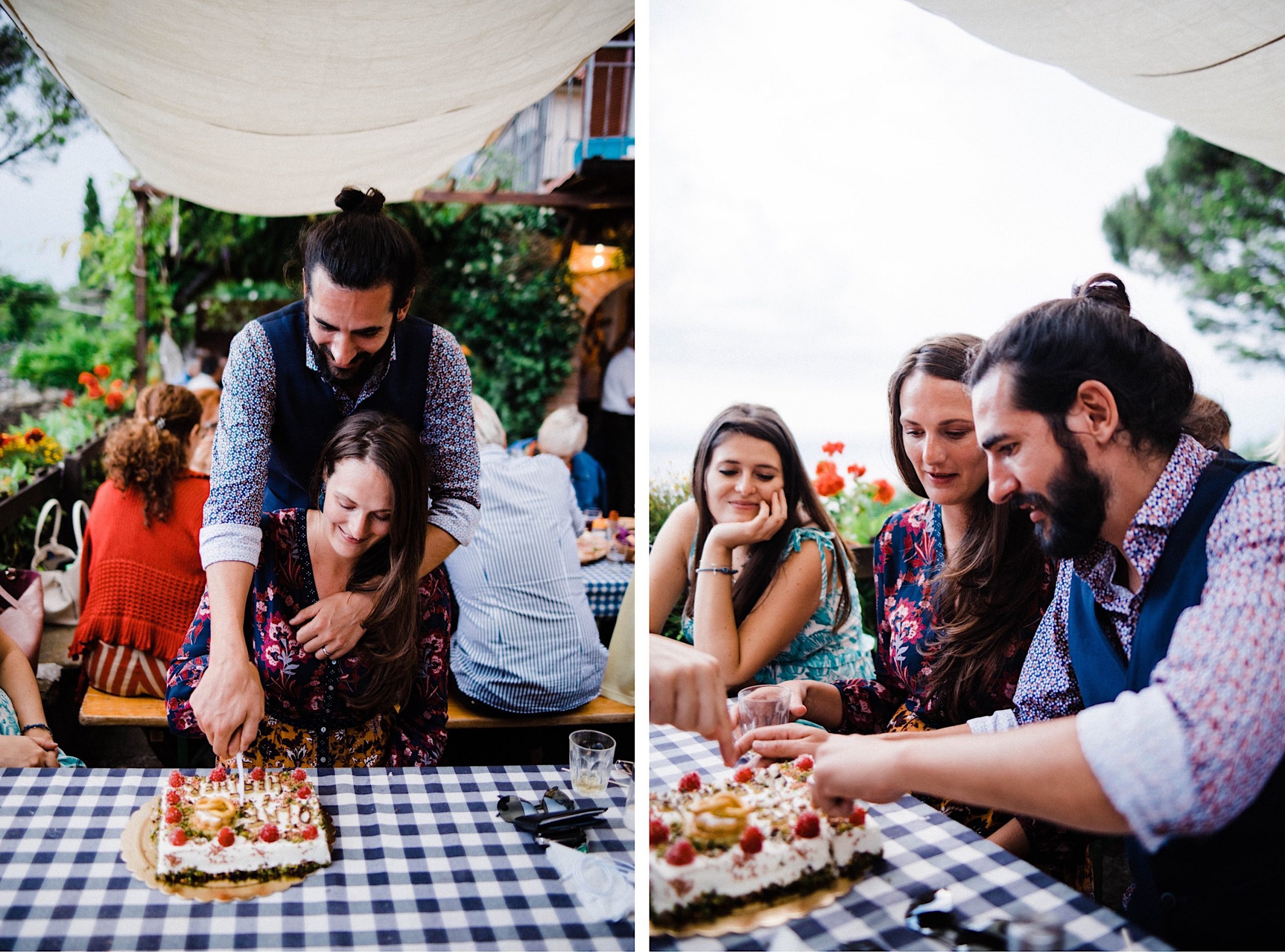 Two documentary wedding photos of a bride & groom cutting their wedding cake, during their Intimate wedding dinner at Osmiza Stoka.