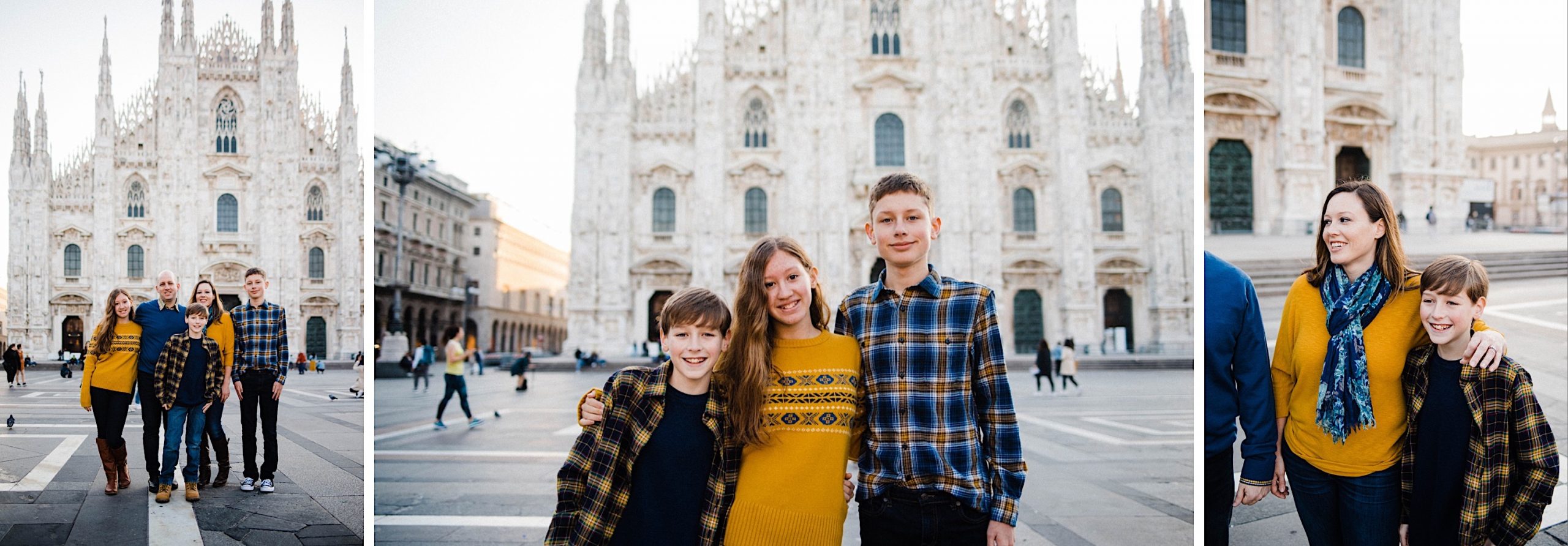 Family Photography in Milan, featuring three family photos side-by-side, taken in front of the Duomo.