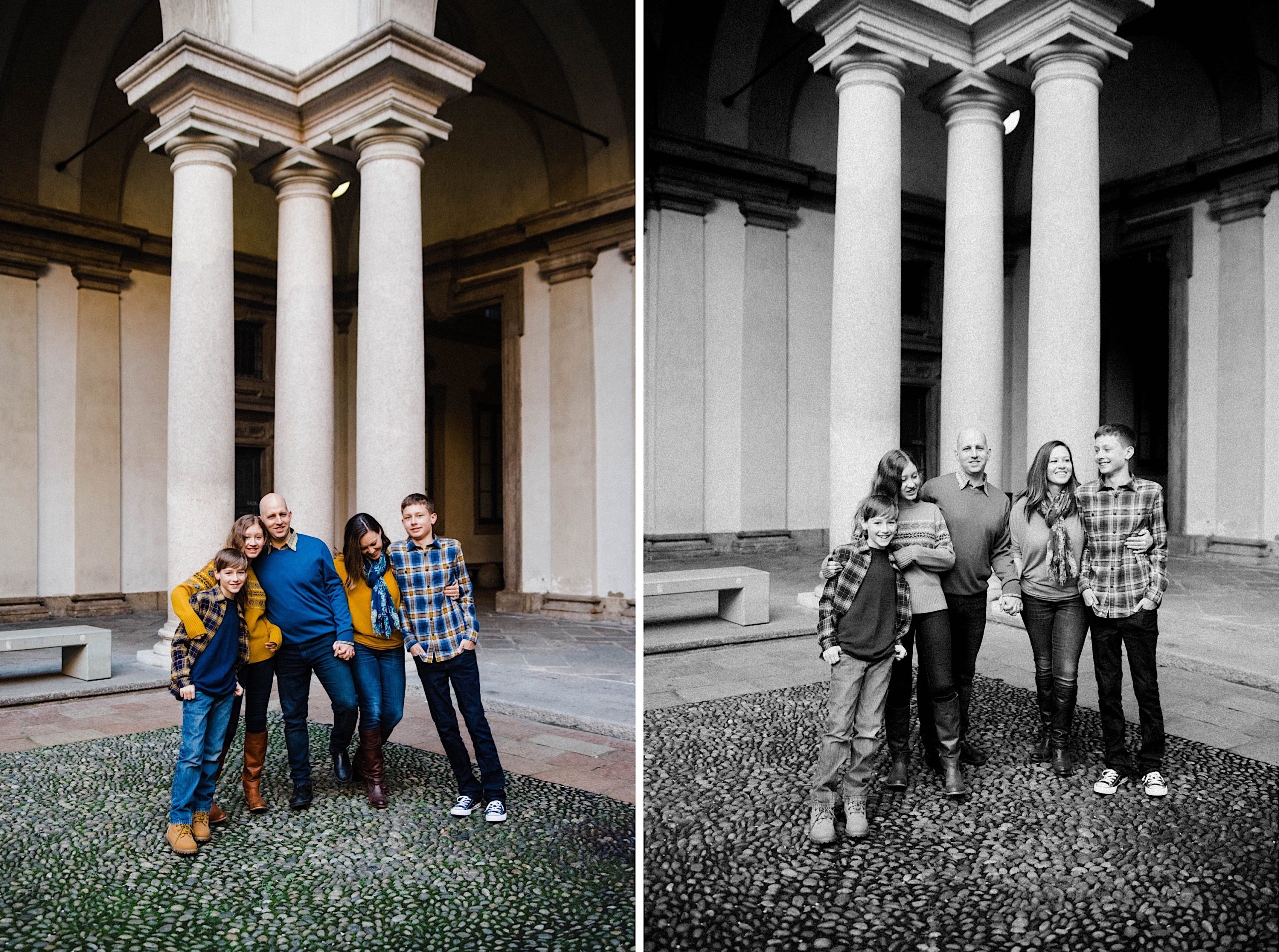 Side-by-side family photos of a family, with three teenagers, laughing together at the Pinacoteca di Brera in Milan.