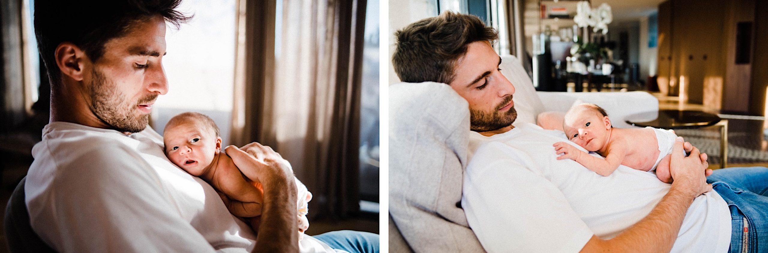 Two side-by-side photos, that are moodily lit, of a Dad resting in his chair while cuddling his newborn daughter against his chest.