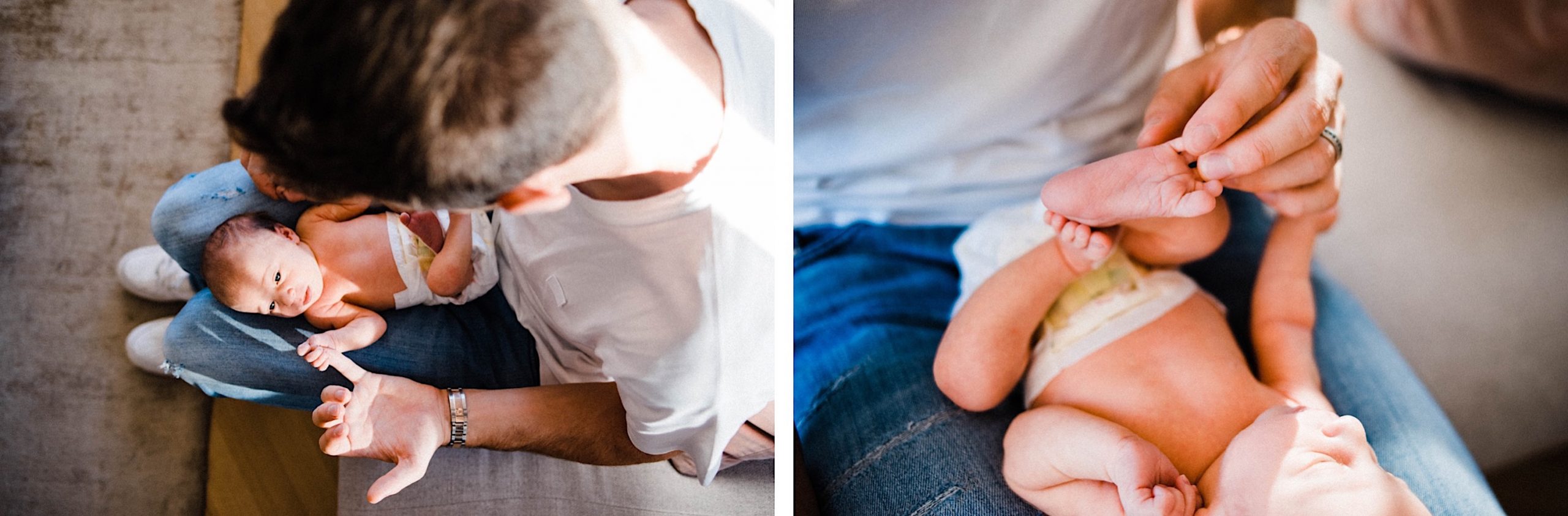 Italy Newborn Photography of a newborn lying on her Dad's lap. The Left photo is taken from above, the Dad looking down at the baby who holds his little finger. The right photos is a close up of the Dad touching her tiny toes.