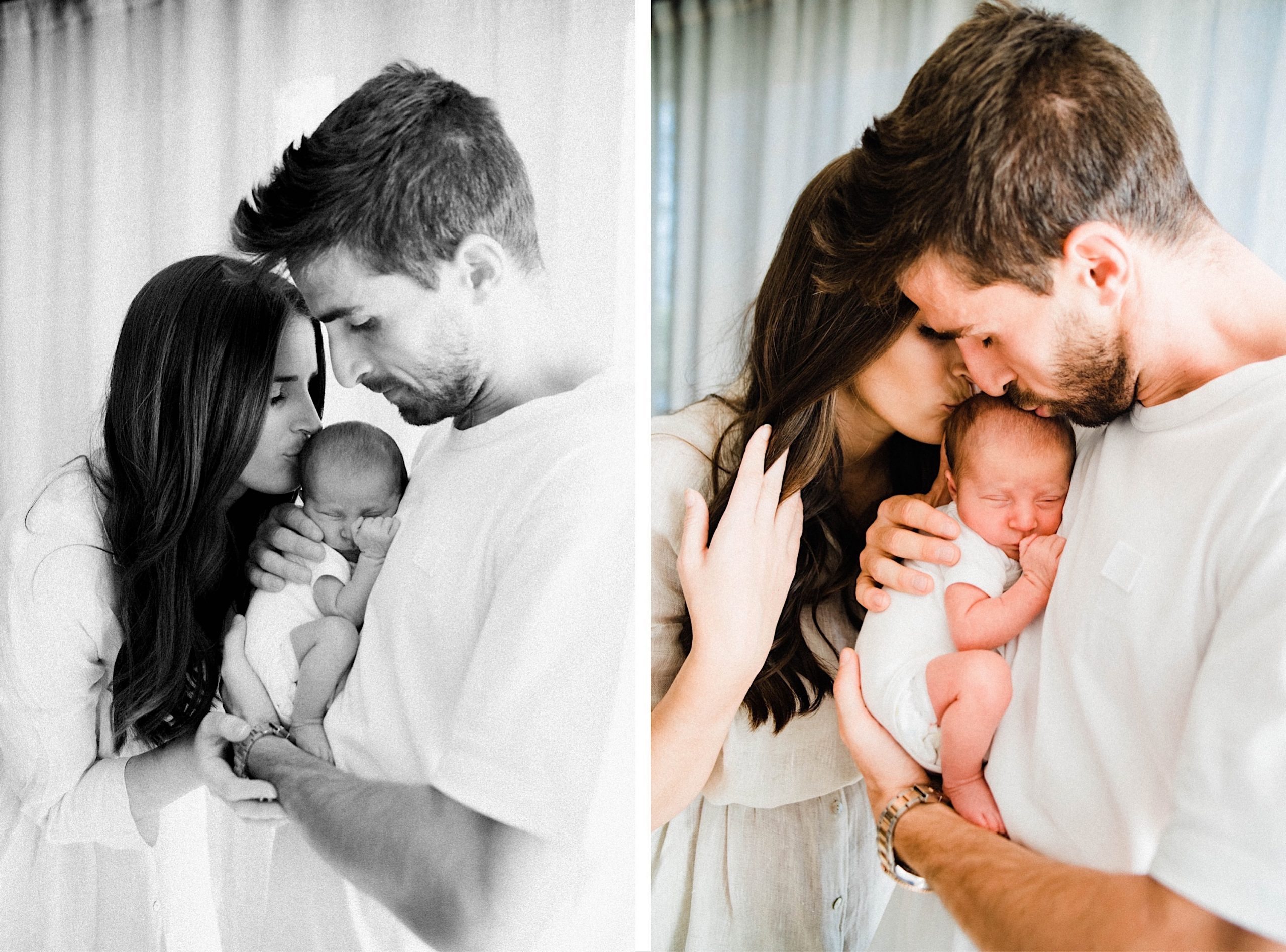 Two Natural Newborn Portraits side-by-side of a new Mum & Dad cuddling their new baby. The photo on the left is black & white.