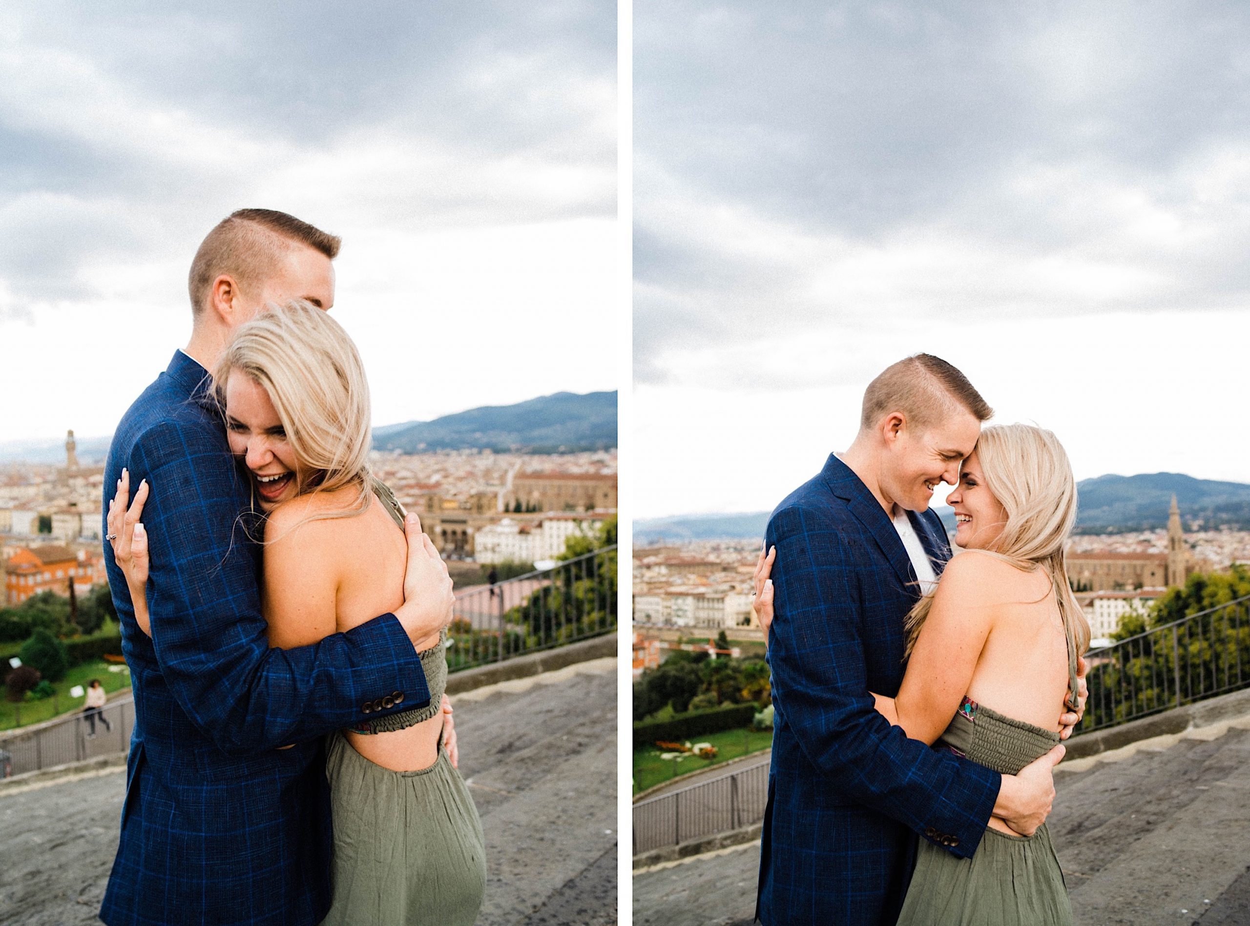 Side by side portraits of a couple standing in the Piazzale Michelangelo in Florence, hugging each other and laughing as rain drops began to fall.