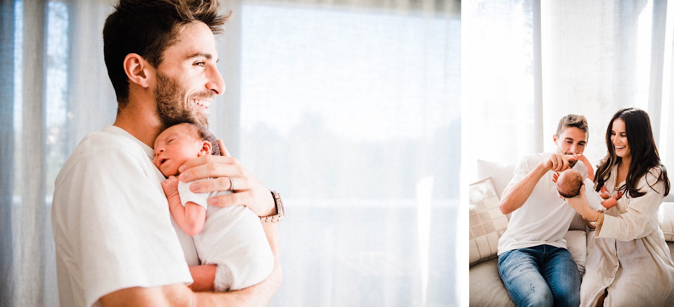 Two Natural Newborn Portraits side by side. Left: a side profile of the Dad, Fabio Borini, holding his baby and smiling. On the right, Mum & Dad sit on their couch, smiling and laughing at the baby.