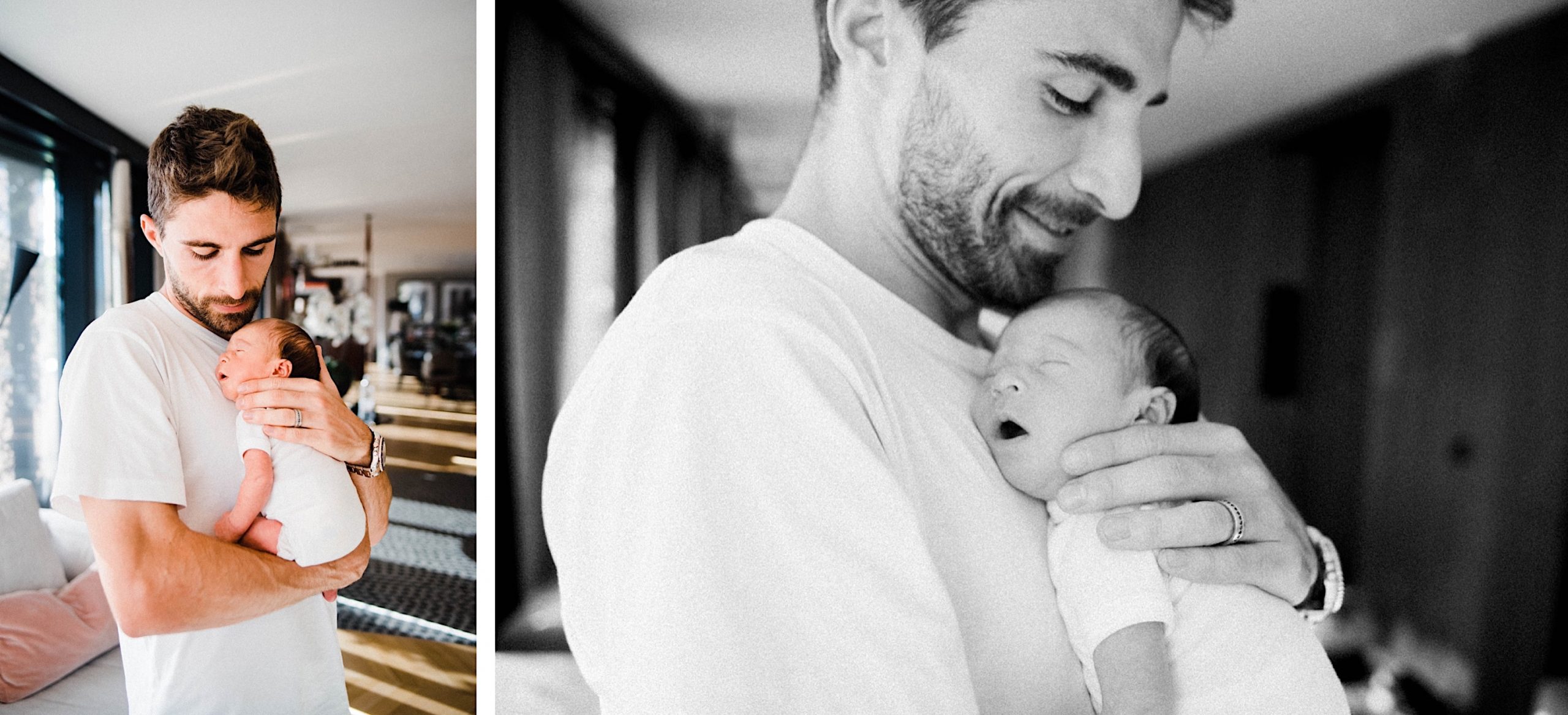Two side by side photos of a new Dad holding his Newborn Baby Girl against his chest in their Milan home.