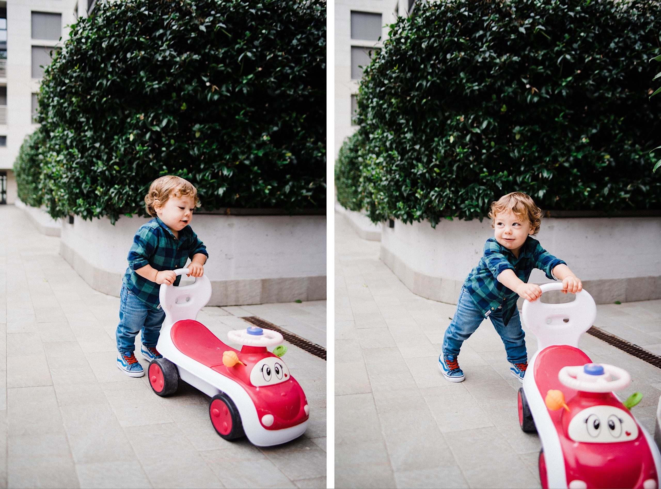 Two portrait-oriented photos of a little boy smiling and laughing playing with a red car toy.