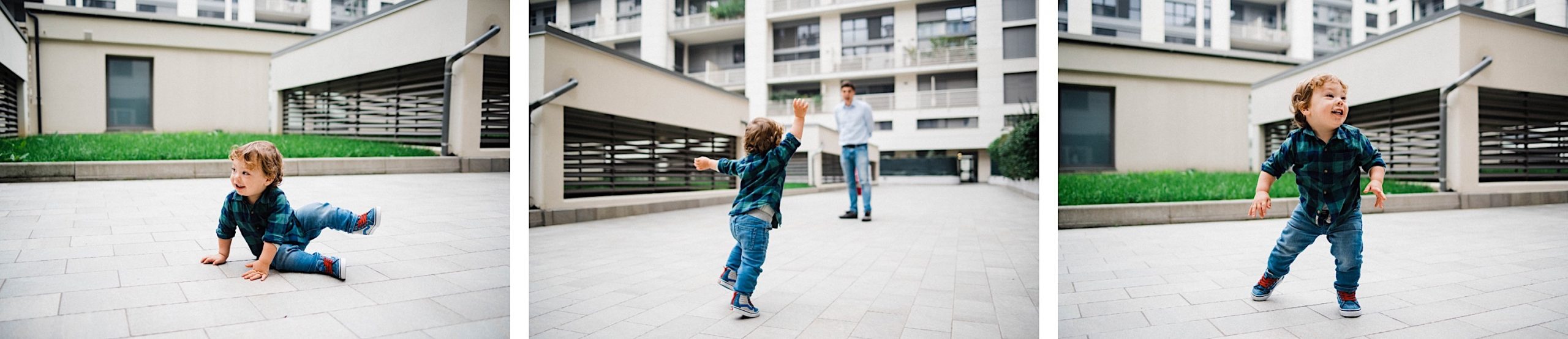 Three Fun Milan Family Portraits of a boy running towards and away from his Dad in their building's courtyard.